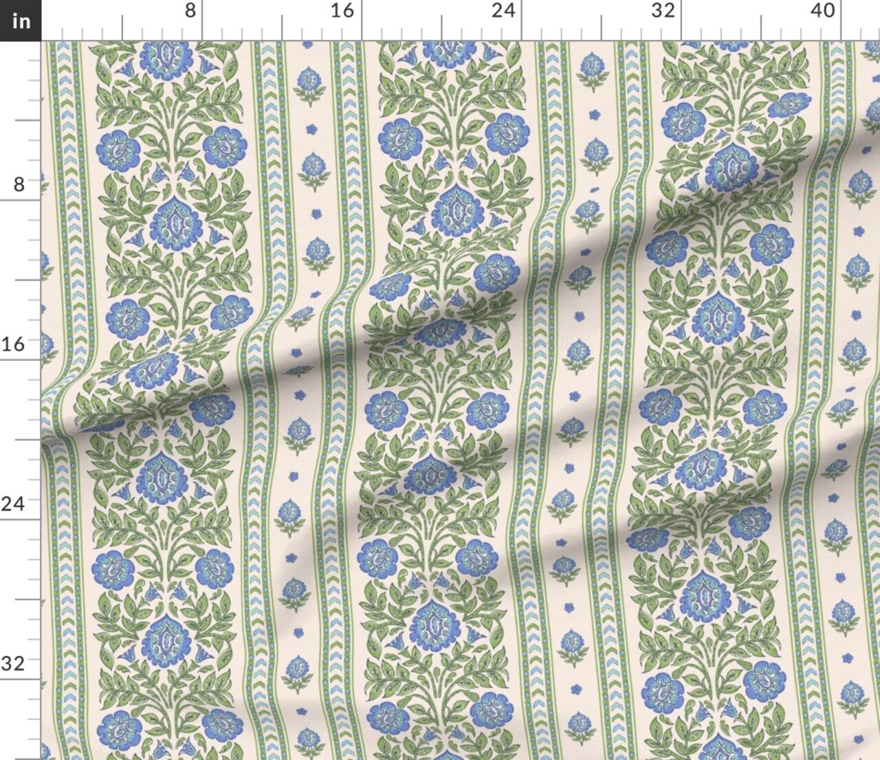 Various Fabrics by the Yard or Fat Quarter Indian Floral Blue Flowers Green Botanical Traditional Large Scale Stamped Stripes Custom Printed Fabric by Spoonflower
